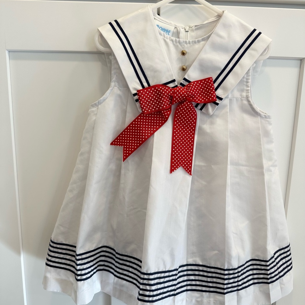 VINTAGE Bonnie Jean White Dress with red & Navy Accents
